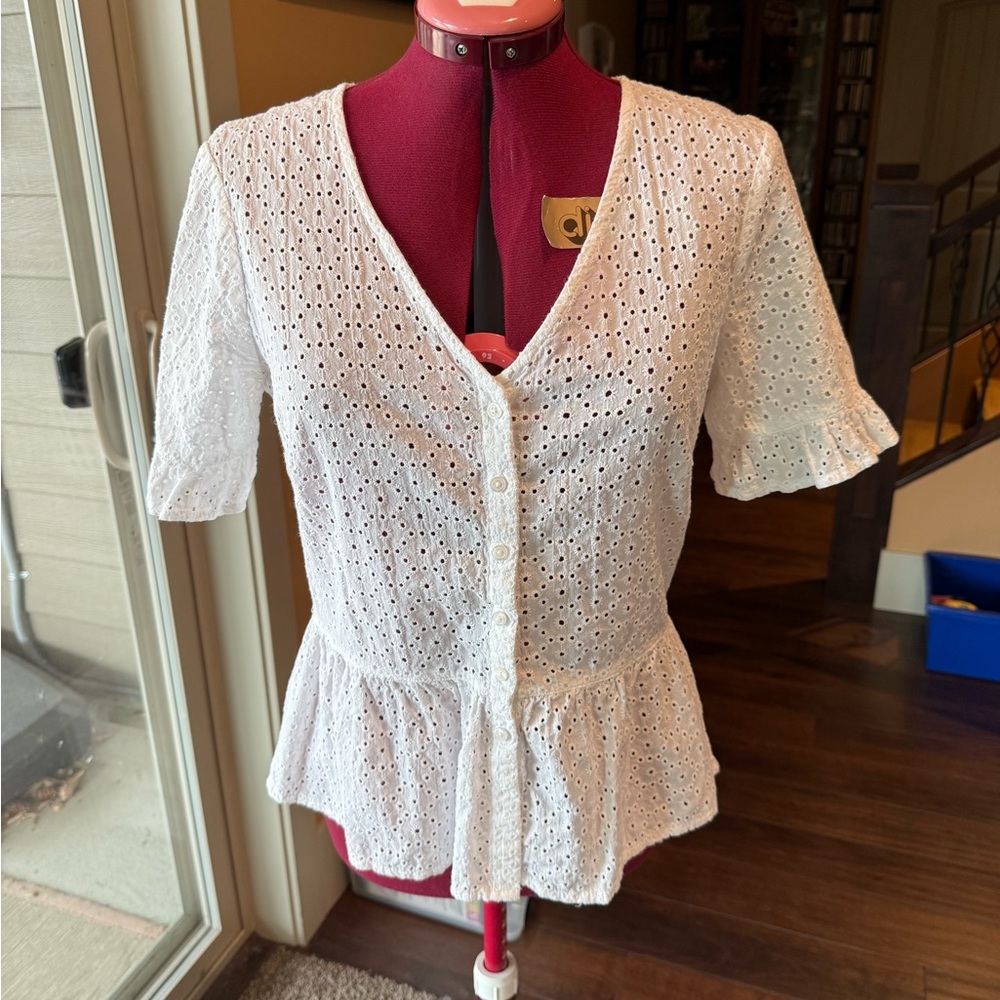 White Eyelet Lace Peplum Top